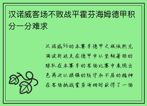 汉诺威客场不败战平霍芬海姆德甲积分一分难求